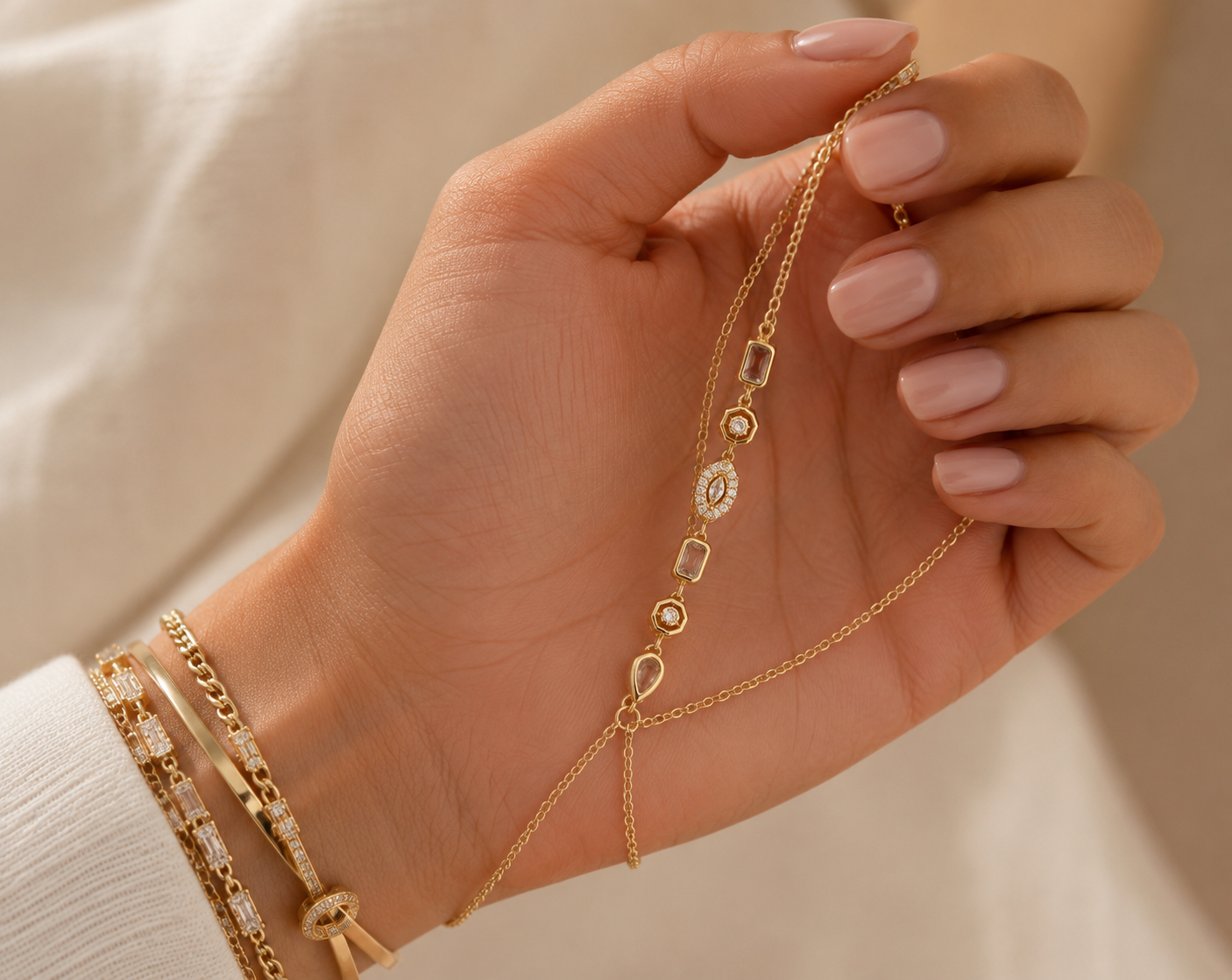 Pulsera de Mano con Zirconias y Dijes Dorados – Elegancia Boho Chic para Mujer