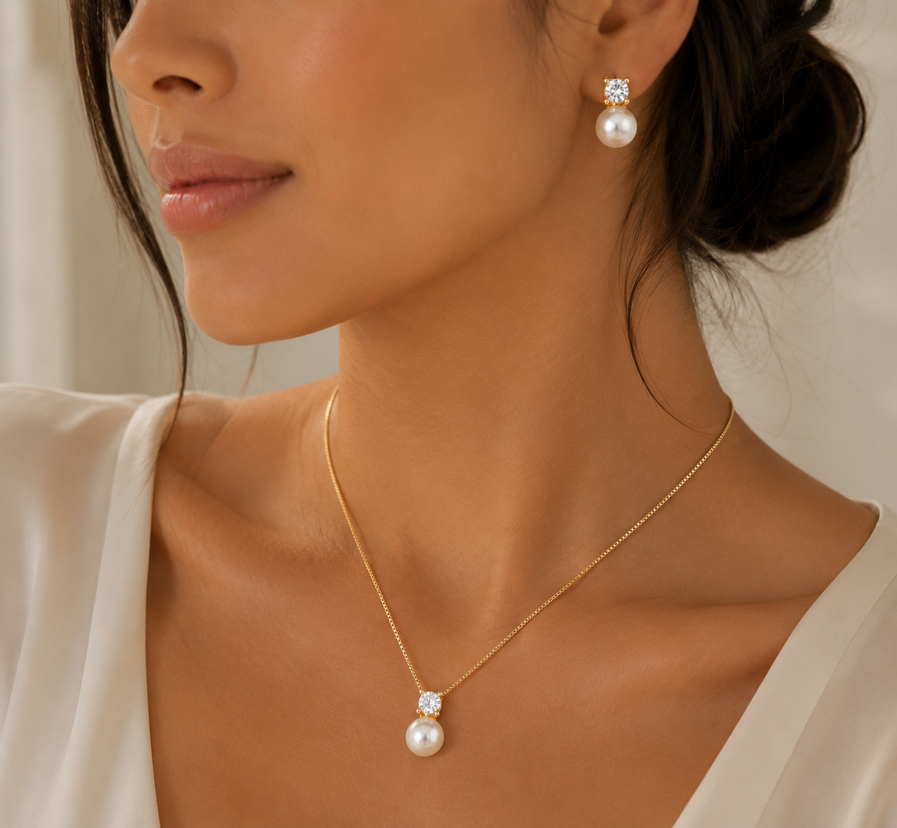 Set de Collar y Aretes con Perla y Zirconia – Elegancia Clásica para Mujer