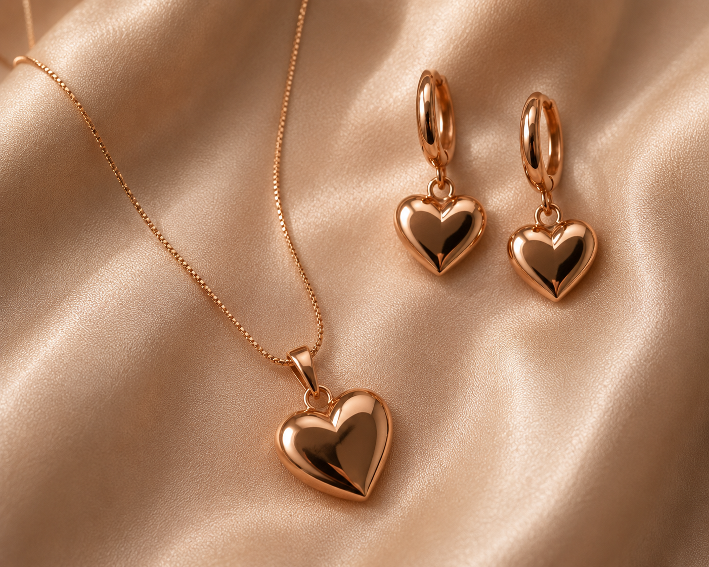 Set de Collar y Aretes Corazón en Acabado Oro Rosa – Elegancia Minimalista para Mujer