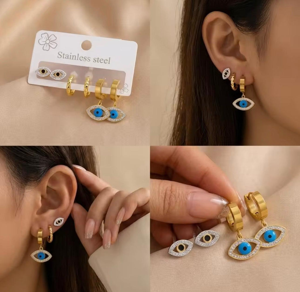 Set de 3 Pares de Aretes Ojo Turco en Acero Inoxidable – Dorados con Zirconias para Mujer